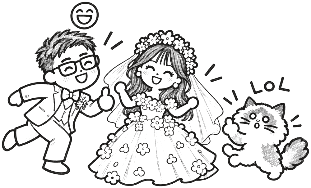 新郎、新娘和猫咪欢笑的手绘插画
